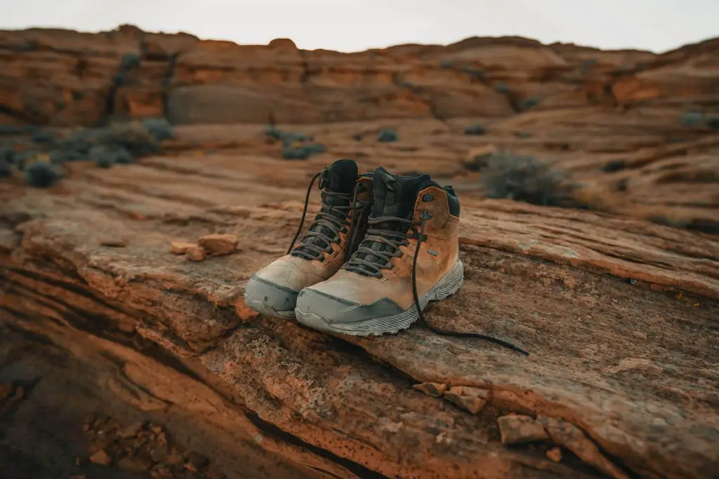 hiking boots on rocks