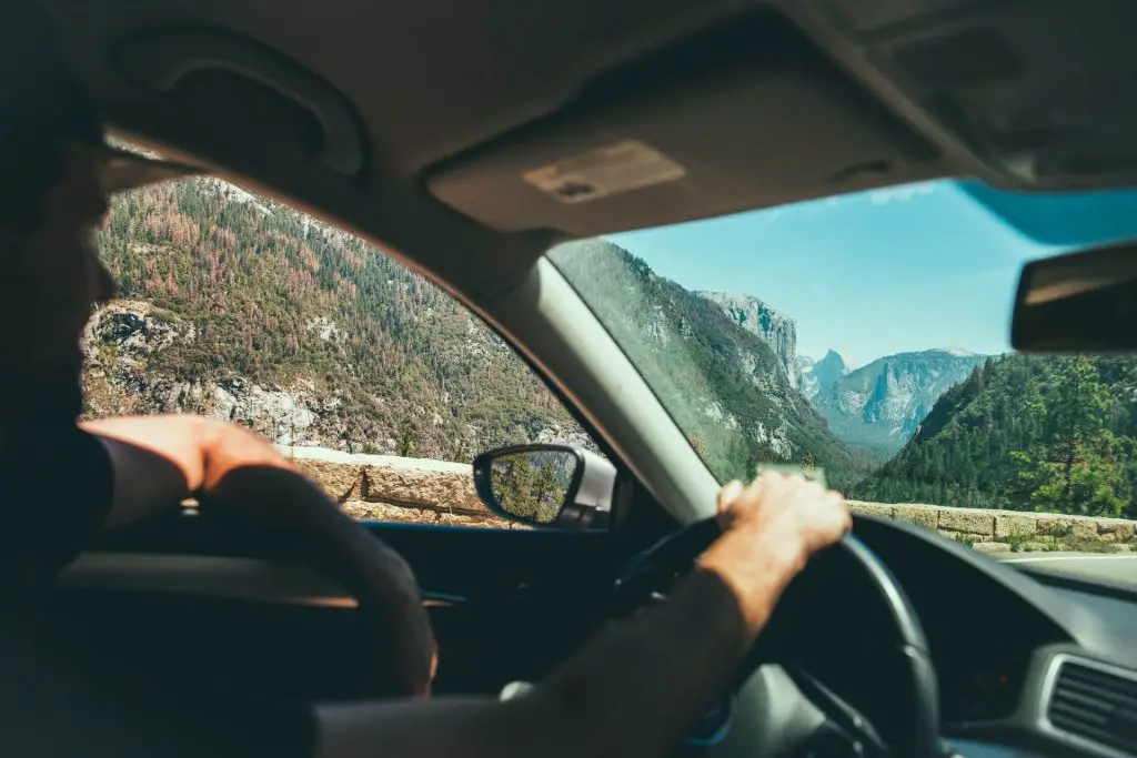 inside car driving to mountains