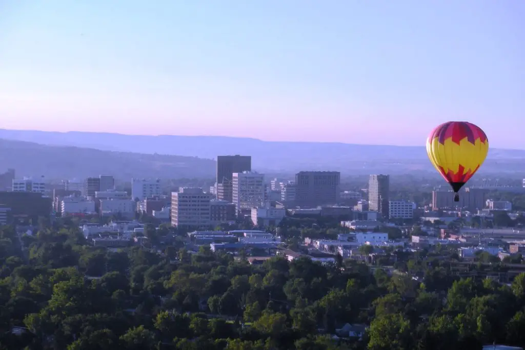 Aerial View downtown Boise with hot air balloon