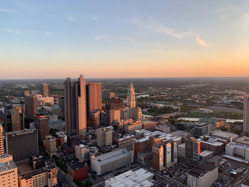 Columbus, Ohio city skyline during sunset