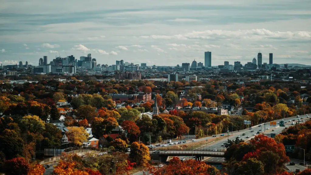 Boston Skyline with fall foliage