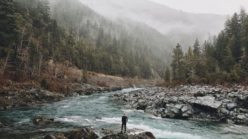 hiker standing by misty river