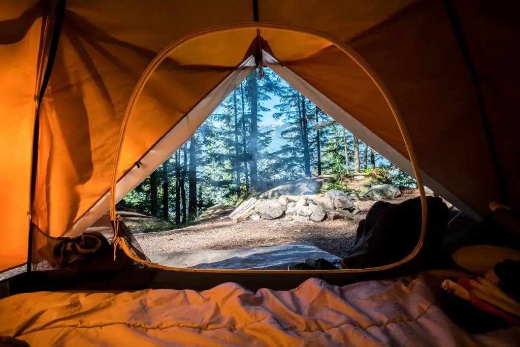 open hiking tent in forest