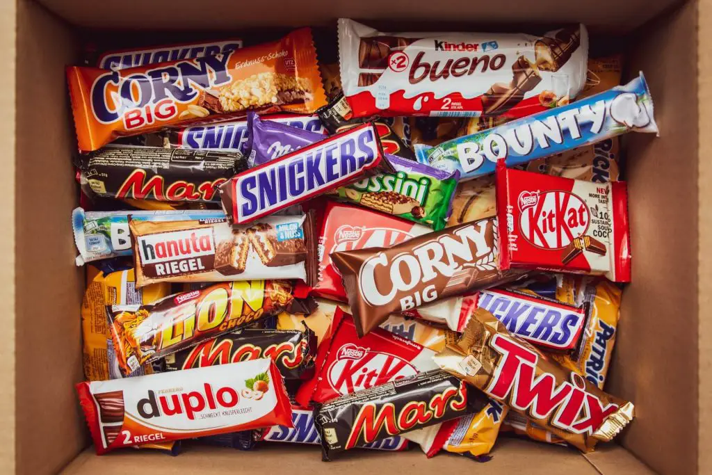 box full of candy bars for camping treats