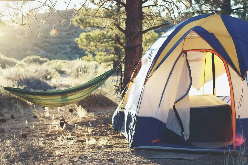 hammock setup next to tent in the woods