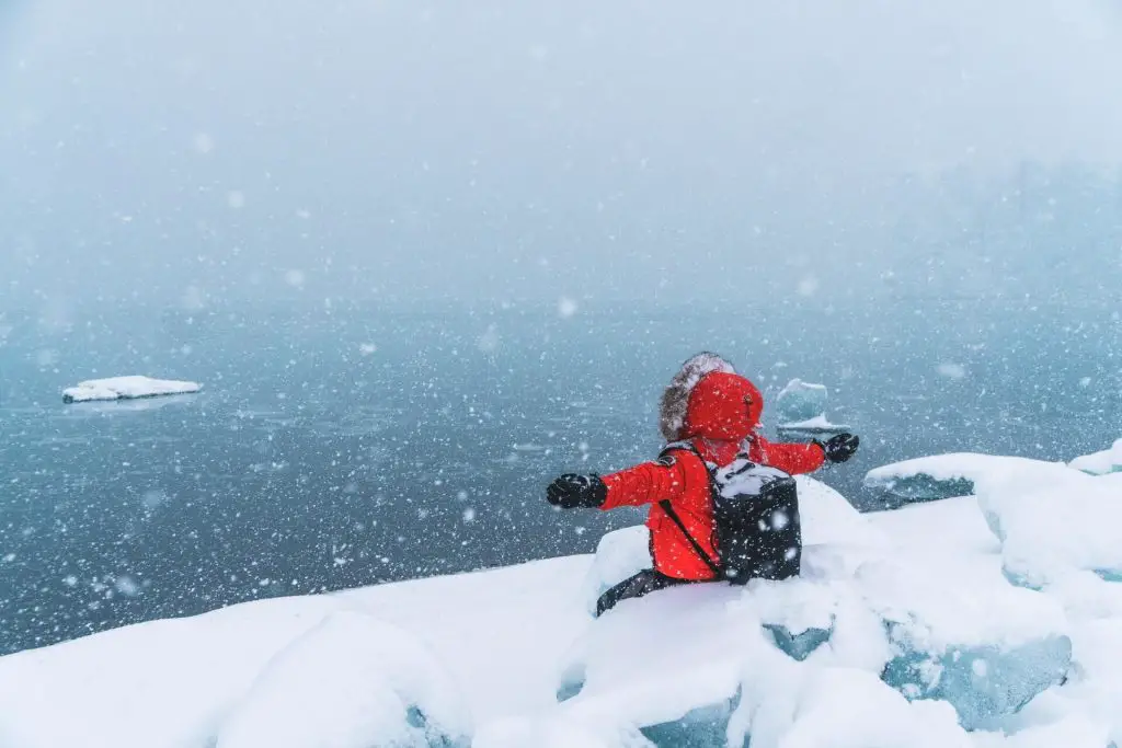 hiker wearing thick jacket in snow